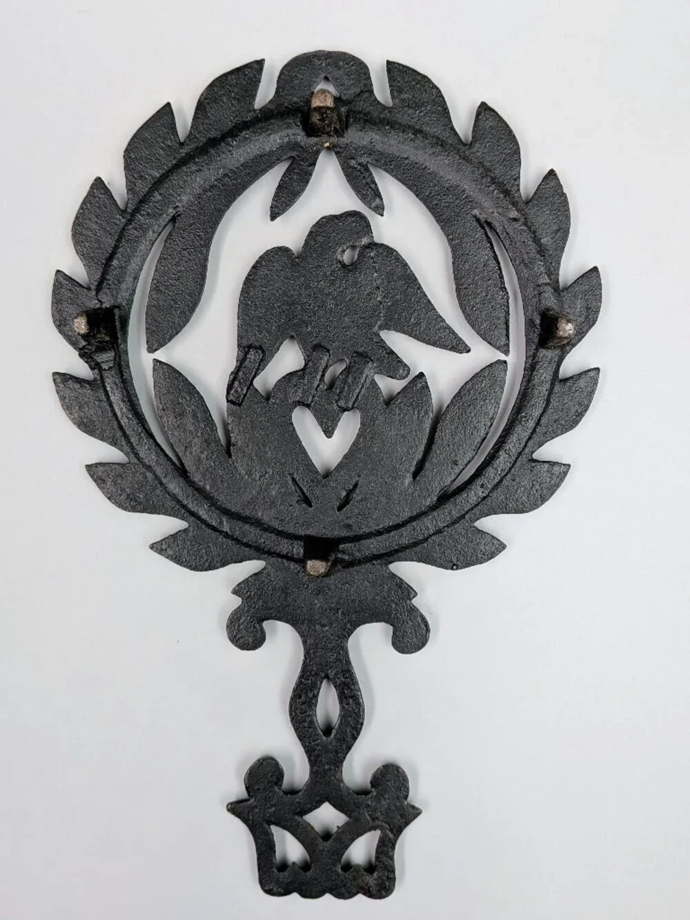 Vintage Black Cast Iron Trivet:, American Eagle over Heart with Laurel Wreath